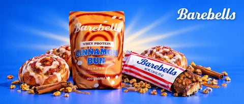 Barebells Cinnamon Bun Whey Protein pouch and Salty Corn Crunch protein bar with cinnamon buns and corn crunch pieces