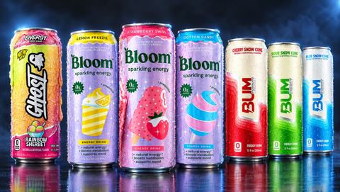 Leaked 2027 energy drink flavors: Ghost Rainbow Sherbet, Bloom Lemon Freezie, Strawberry Swirl and Cotton Candy, and BUM Cherry, Sour and Blue Snow Cone