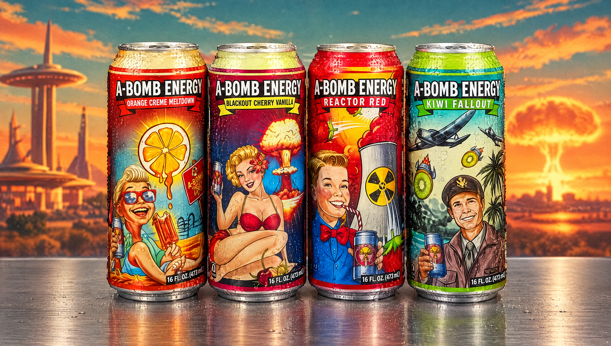 A-Bomb Energy Orange Creme Meltdown, Blackout Cherry Vanilla, Reactor Red and Kiwi Fallout cans
