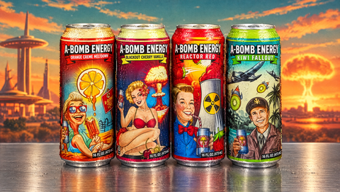 A-Bomb Energy Orange Creme Meltdown, Blackout Cherry Vanilla, Reactor Red and Kiwi Fallout cans