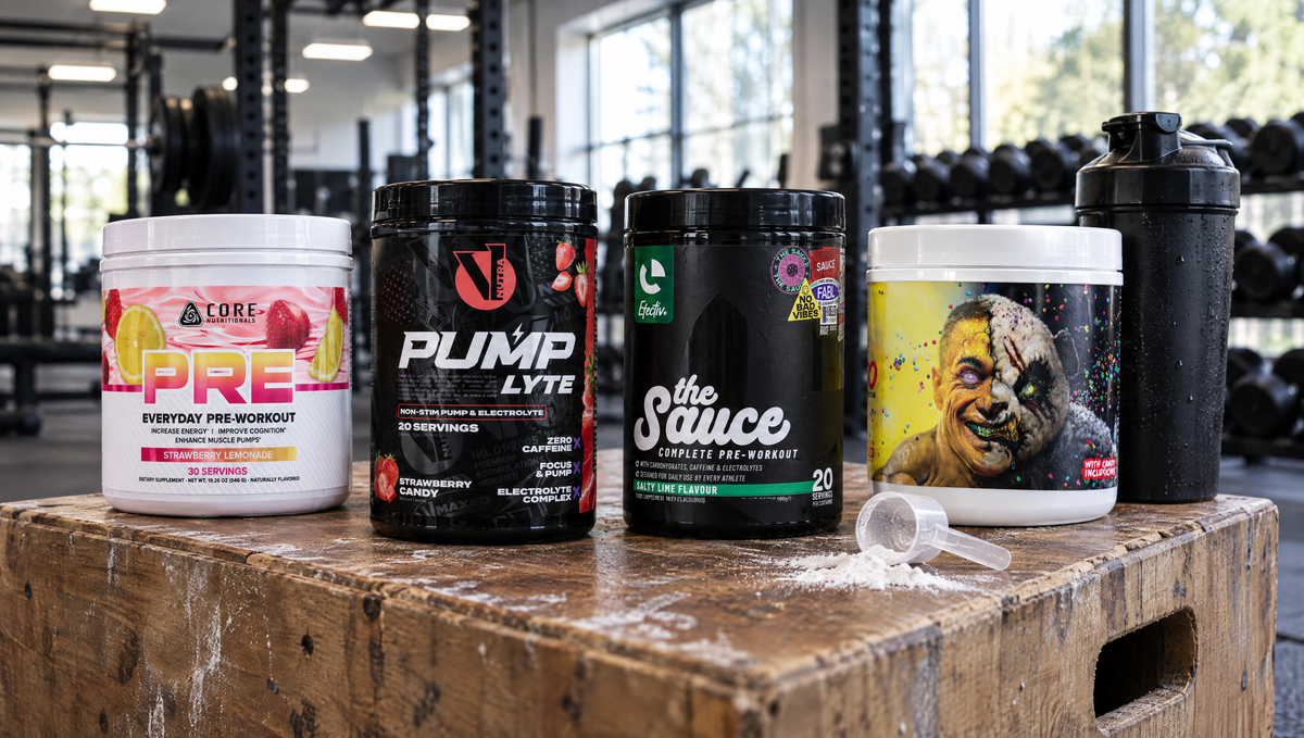 Core Nutritionals PRE, V1 Nutra Pump Lyte, Efectiv The Sauce and Panda x HTLT Alter Ego pre-workout tubs on a plyo box in a gym