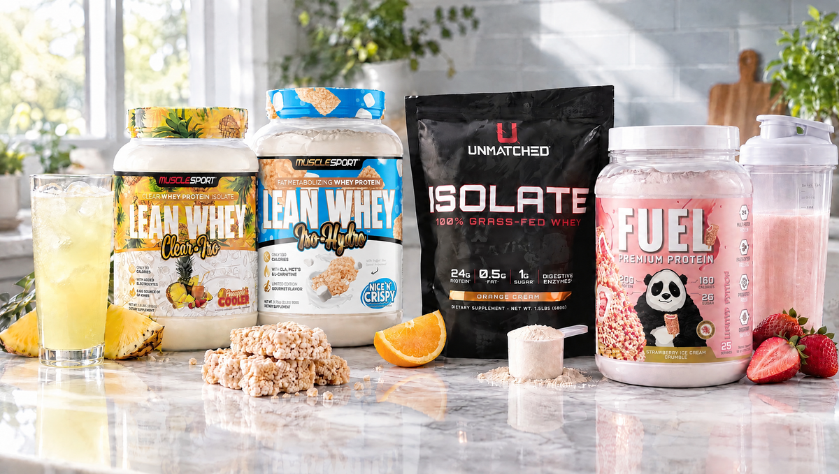MuscleSport Lean Whey Clear Iso Pineapple Cooler, Lean Whey Nice N Crispy, Unmatched Isolate Orange Cream and Panda Supps Fuel Strawberry Ice Cream Crumble on a kitchen counter