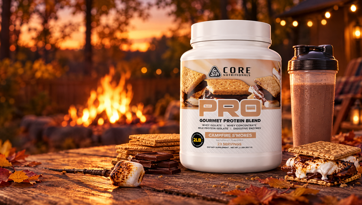 Core Nutritionals PRO Campfire S'mores protein tub by a backyard campfire