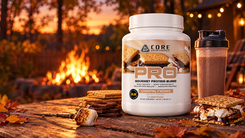 Core Nutritionals PRO Campfire S'mores protein tub by a backyard campfire