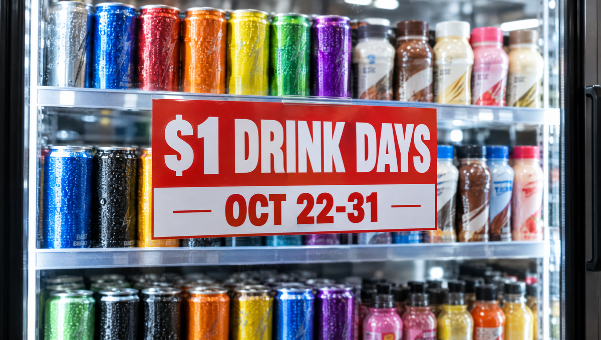 $1 Drink Days October 22 to 31 sign on a cooler of energy drinks and protein shakes