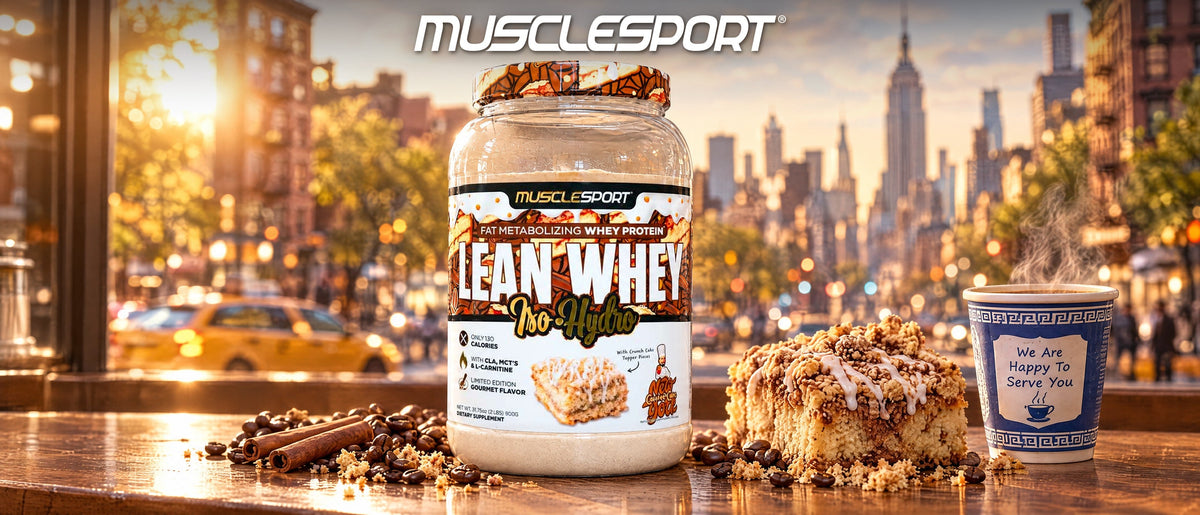 MuscleSport Lean Whey New York Cawfee Cake protein tub on a New York deli counter with crumb cake and coffee