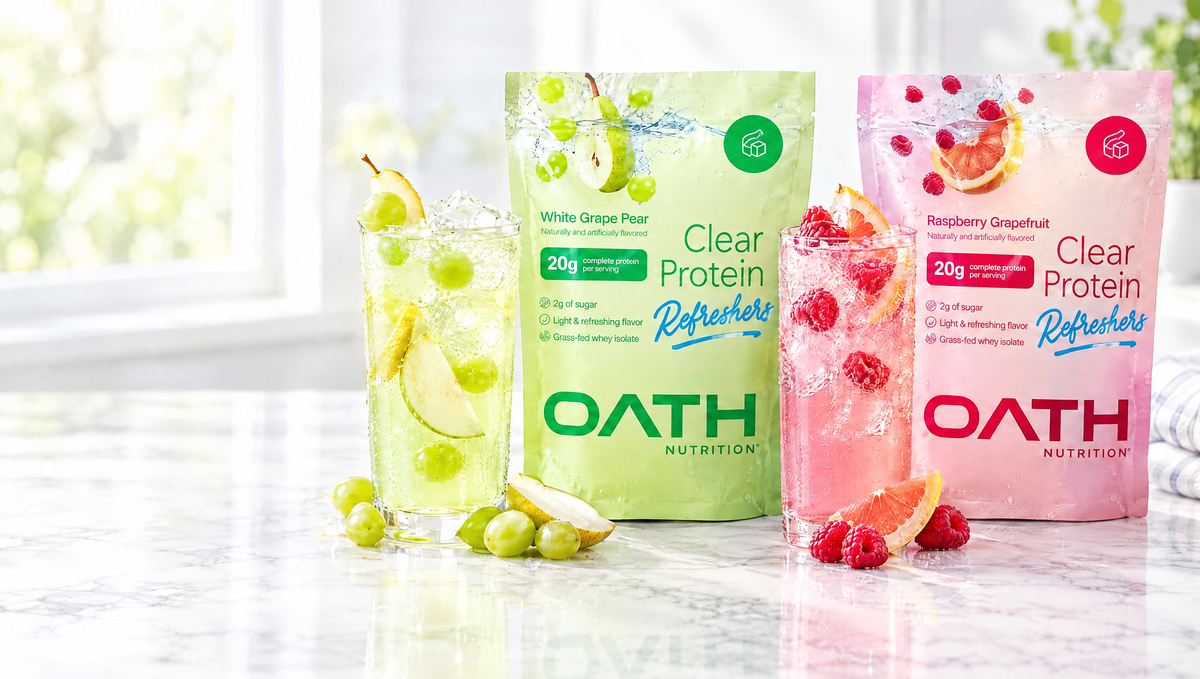 Oath Clear Protein Refreshers White Grape Pear and Raspberry Grapefruit with iced drinks