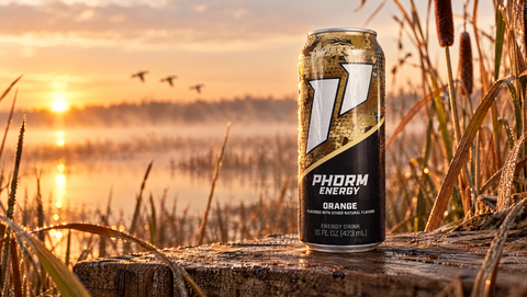 PHORM Energy Orange SITKA camo can on a duck blind at a marsh at sunrise
