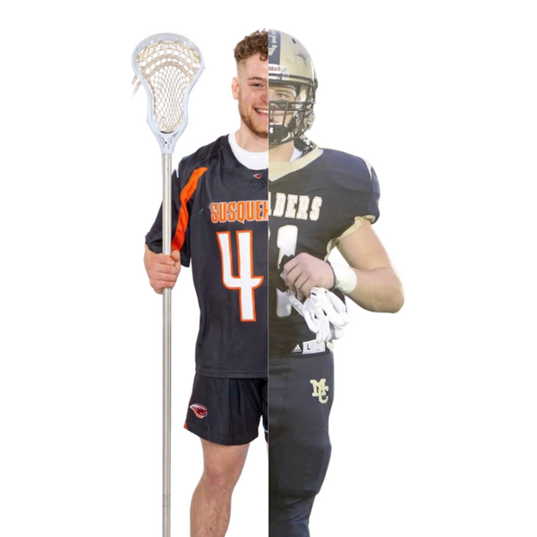 Lucas Kaelin in his college lacrosse and football uniforms